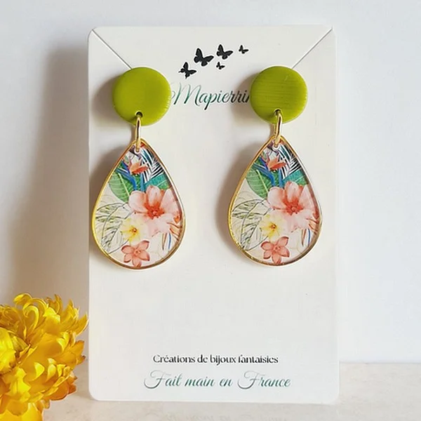 Boucles d'oreille fleuries en papier résiné - fait main en France par Mapierrine Fleur tropique - Photo 2