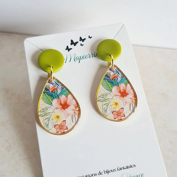 Boucles d'oreille fleuries en papier résiné - fait main en France par Mapierrine Fleur tropique