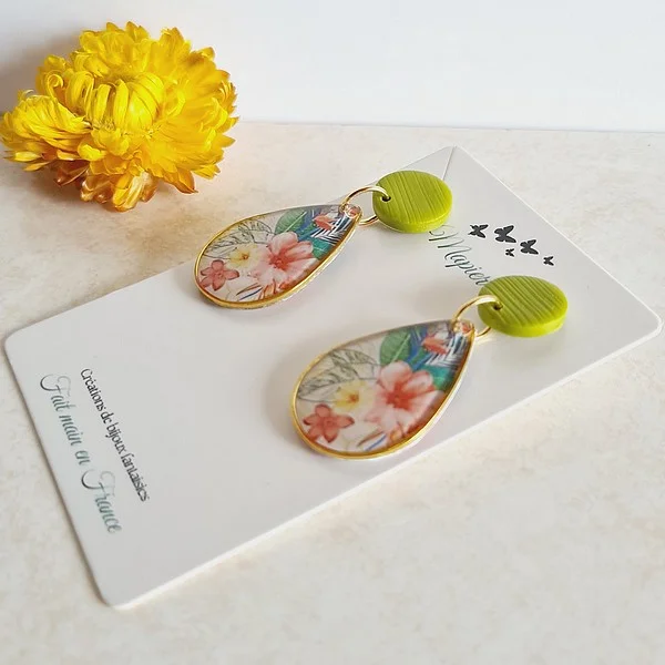 Boucles d'oreille fleuries en papier résiné - fait main en France par Mapierrine Fleur tropique - Photo 3