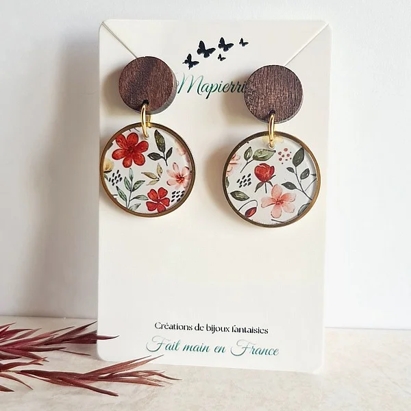 Boucles d'oreille artisanales en papier résiné - cercle inox et attache bois Fleuri