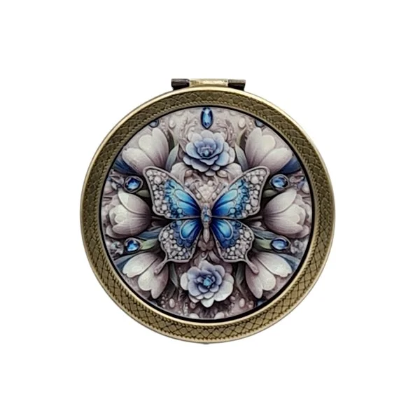 Miroir pliant compact de sac rond bronze double face Papillon bleu et fleur 03043 - Mapierrine