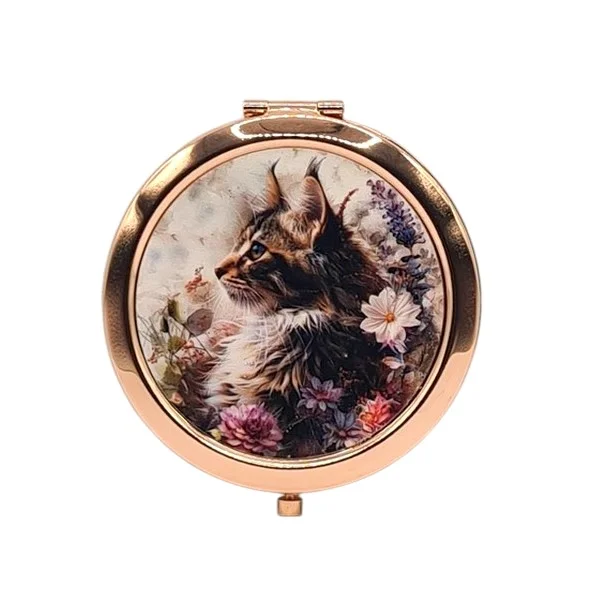 Miroir pliant compact de sac rond doré rosé double face Chat fleur 05049 - Mapierrine