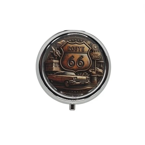 Pilulier boite à médicaments de poche rond argenté ROUTE 66