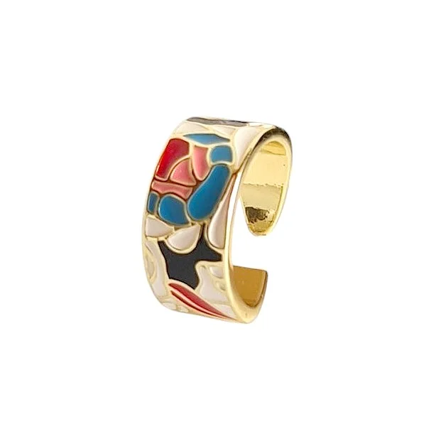 Bague ajustable femme acier doré émail chamarré de couleurs vert bleu BA 500