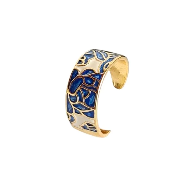 Bague ajustable femme acier doré émail chamarré de couleurs vert bleu BA 602