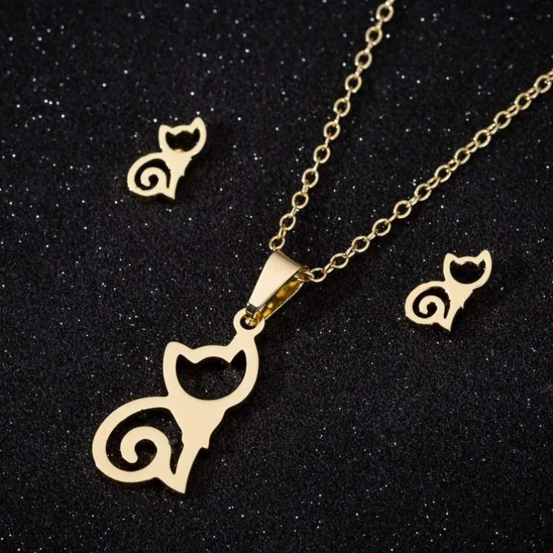 Ensemble collier pendantif et boucles d'oreille puce acier inoxydable doré CHAT