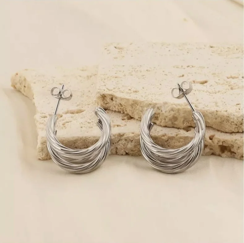 Boucles d'oreille créole femme acier inoxydable doré argenté 3 anneaux - Photo 2