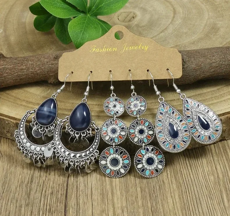 3 paires de boucles d'oreille argenté vieilli femme assorties style ethnique B - Photo 2