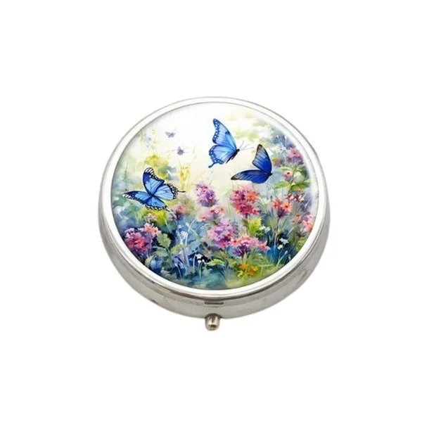 Pilulier boite à médicaments de poche rond argenté JARDIN DE PAPILLONS ET FLEURS