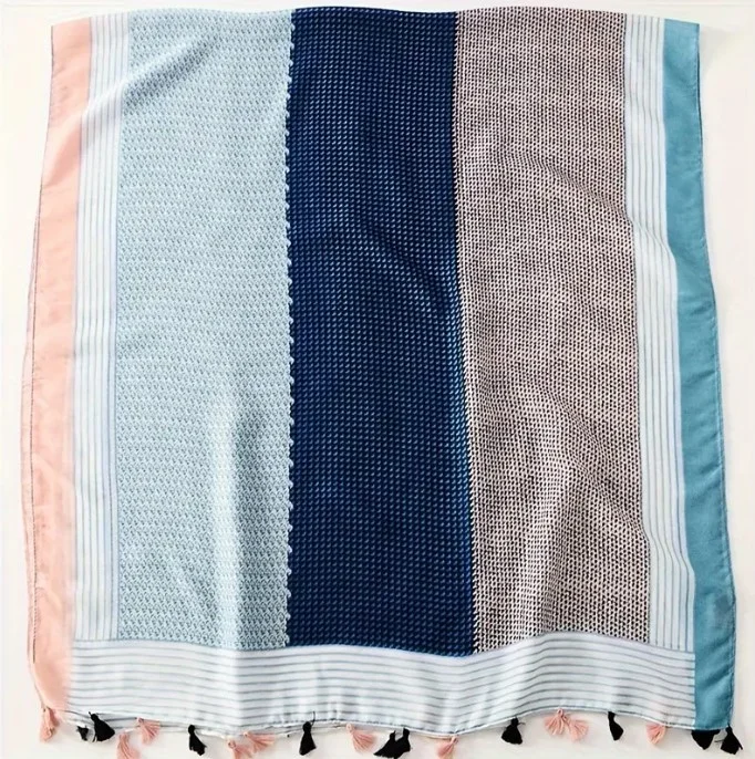Châle Etole femme rectangle à pompons polyester 80 x 180 cm BLEU ROSE RAYURES - Photo 3