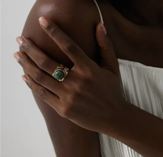 Bague ajustable femme acier inoxydable doré cabochon turquoise naturelle - Photo 2