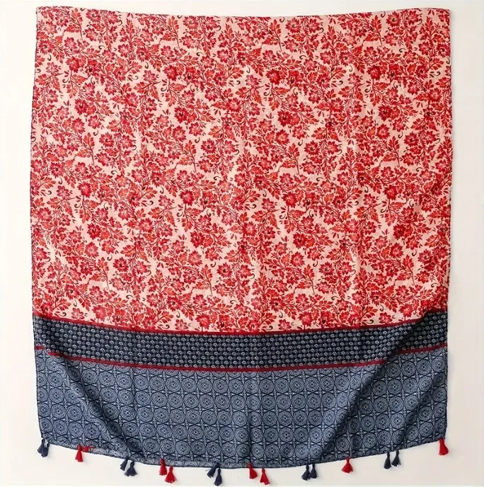 Châle Etole femme rectangle à pompons polyester 90 x 180 cm Géométrie fleur rouge bleu - Photo 3