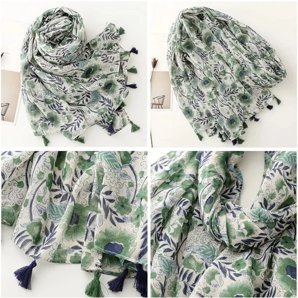 Châle Etole femme rectangle à pompons polyester 80 x 180 cm FLEUR VERTE FEUILLAGE - Photo 3