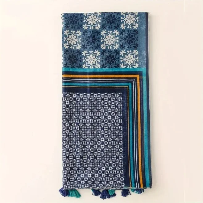 Châle Etole femme rectangle à pompons polyester 90 x 180 cm BLEU TURQUOISE - Photo 3