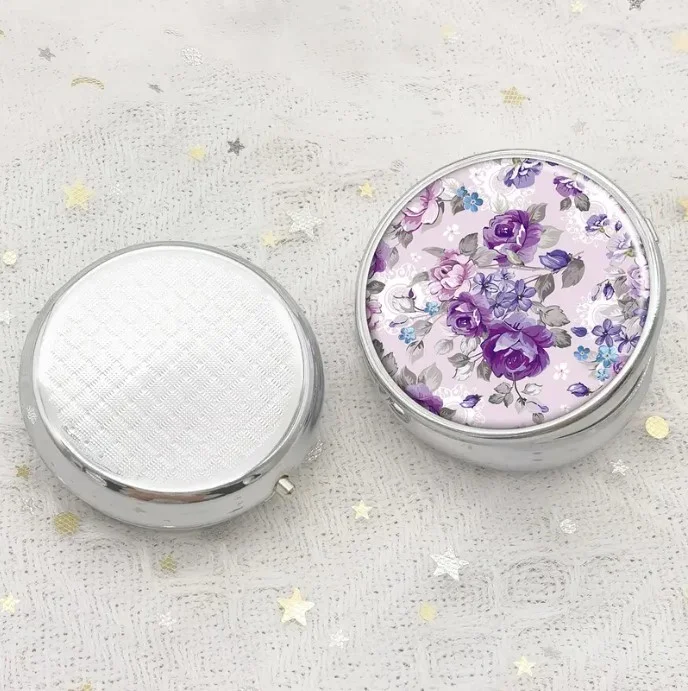 Pilulier boite à médicaments de poche rond argenté ROSE MAUVE VIOLETTE - Photo 3