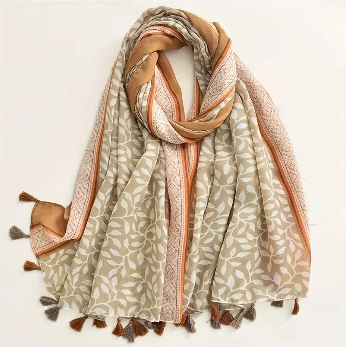 Châle Etole femme rectangle à pompons polyester 90 x 180 cm FEUILLAGE
