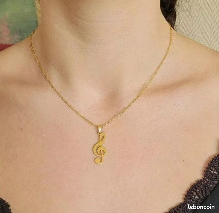 Collier pendentif femme acier inoxydable doré CLEF DE SOL - Photo 2