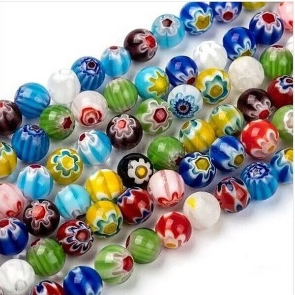 Fil de Perles ronde en en verre MILLEFIORI ASSORTIES 6 / 8 mm