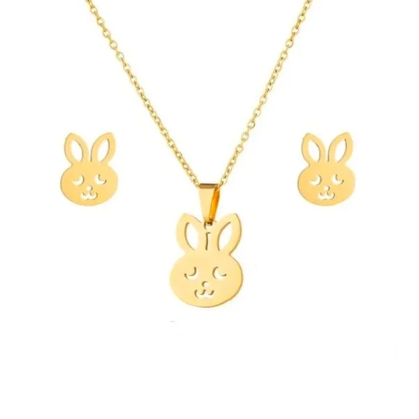 Ensemble collier pendantif et boucles d'oreille puce acier inoxydable doré LAPIN - Photo 1