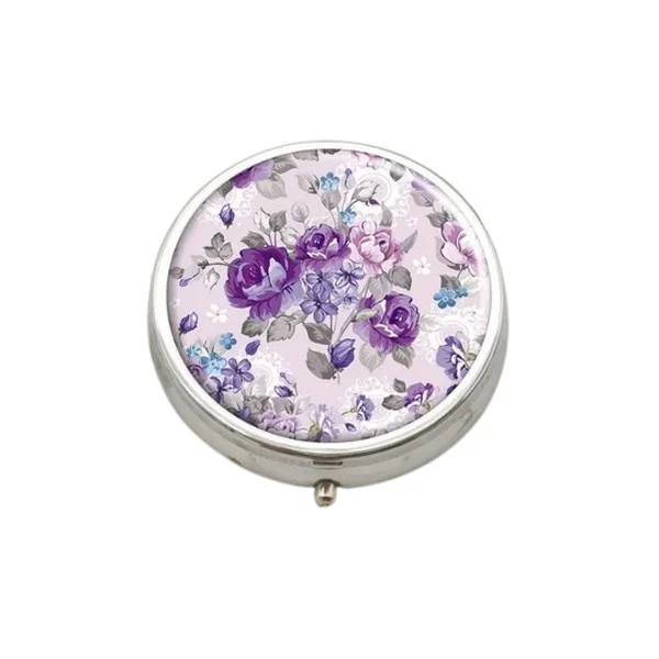 Pilulier boite à médicaments de poche rond argenté ROSE MAUVE VIOLETTE