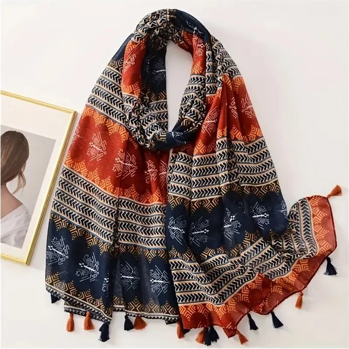 Châle Etole femme rectangle à pompons polyester 80 x 180 cm motif tribal pailleté doré