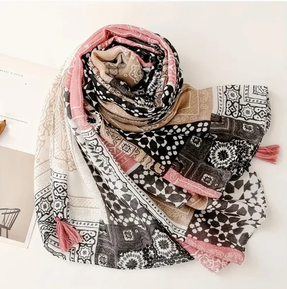 Châle Etole femme rectangle à pompons polyester 80 x 180 cm GEOMETRIE - Photo 2