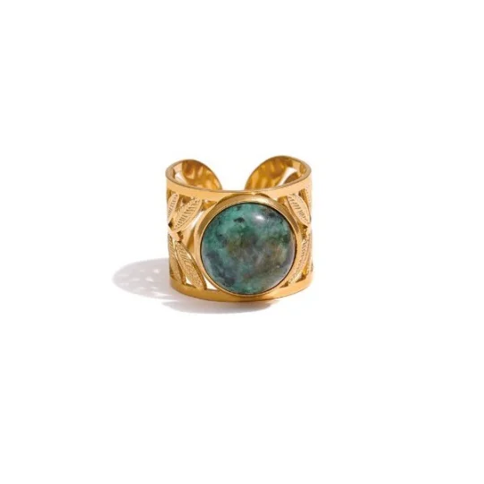 Bague ajustable femme acier inoxydable doré cabochon turquoise naturelle