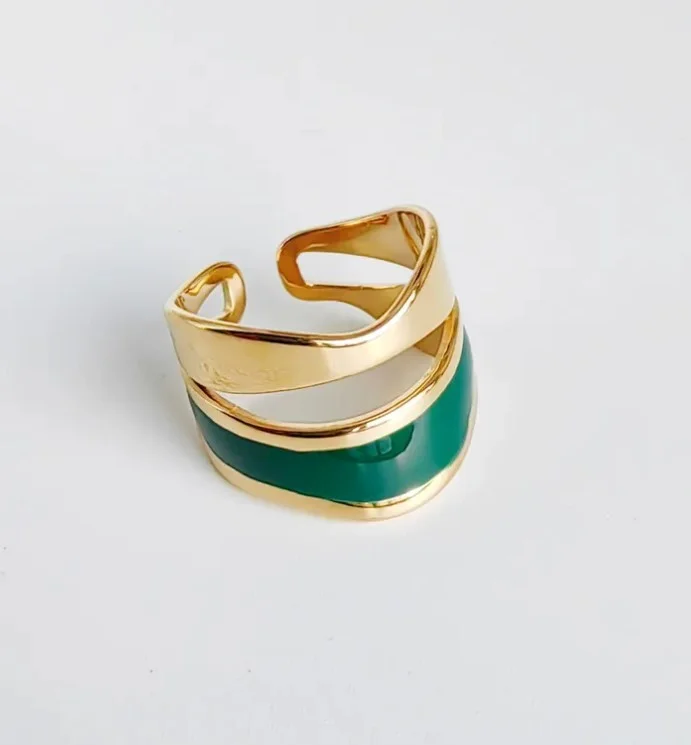 Bague ajustable femme acier inoxydable plaqué or émail vert ART DECO - Photo 1