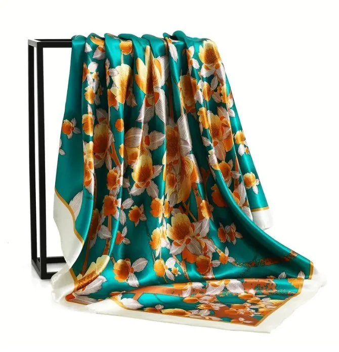 Foulard carré femme 90 x 90 cm Polyester FLEURI ORANGE FOND TURQUOISE 47039