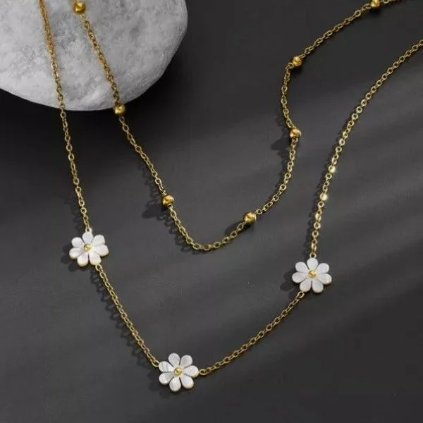 Collier pendentif femme acier inoxydable plaqué or fleur nacre - Photo 2