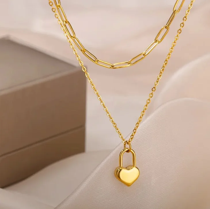 Collier pendentif femme 2 rangées acier inoxydable doré cadenas cœur - Photo 5