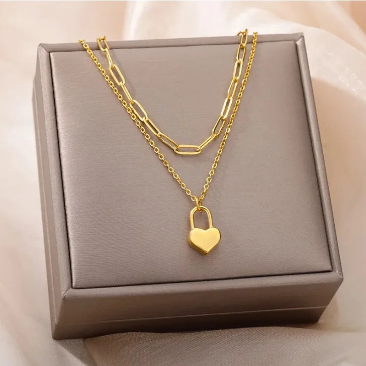 Collier pendentif femme 2 rangées acier inoxydable doré cadenas cœur - Photo 4