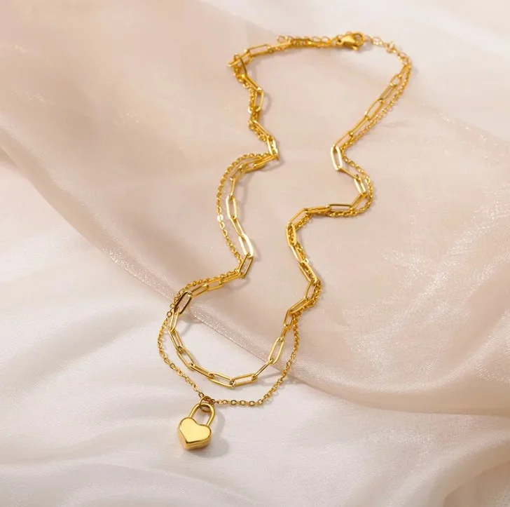 Collier pendentif femme 2 rangées acier inoxydable doré cadenas cœur - Photo 3