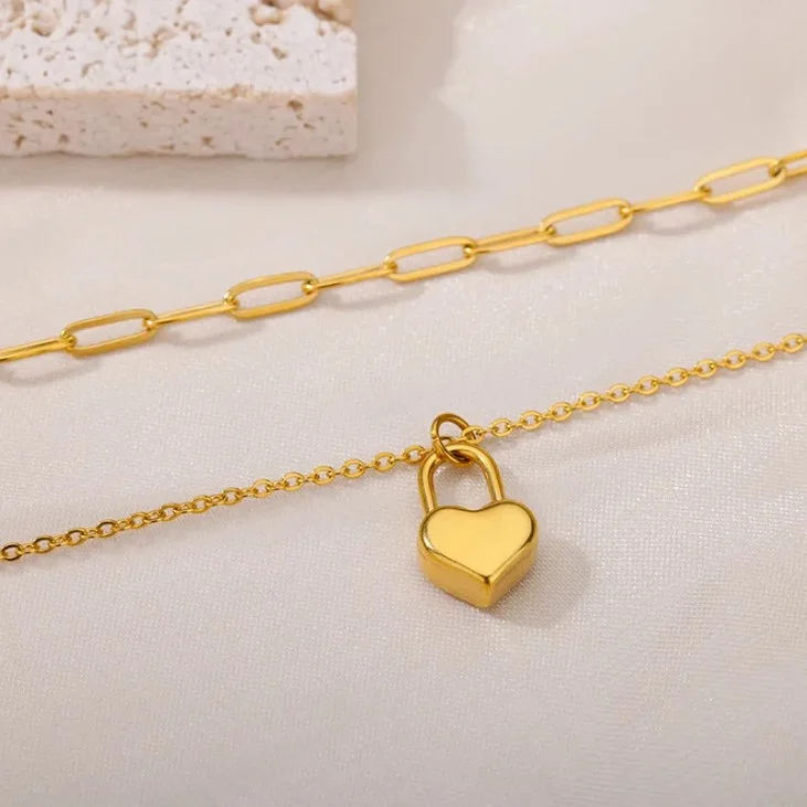 Collier pendentif femme 2 rangées acier inoxydable doré cadenas cœur - Photo 2
