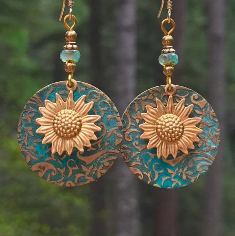 Boucles d'oreille femme pendante  ethnique métal argenté FLEUR TOURNESOL