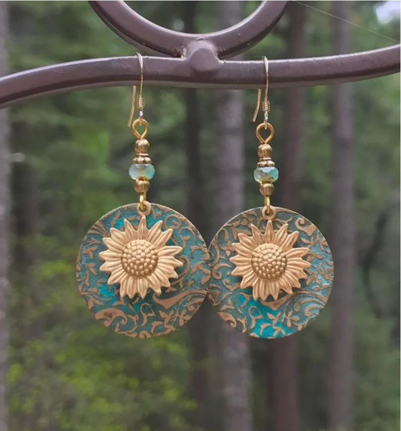 Boucles d'oreille femme pendante  ethnique métal argenté FLEUR TOURNESOL - Photo 2