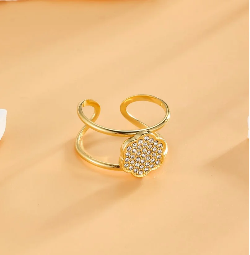 Bague ajustable femme acier inoxydable doré fleur et zircons - Photo 2
