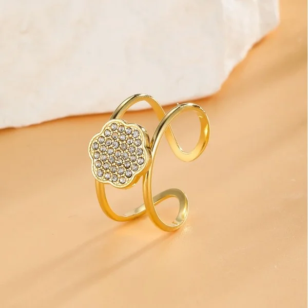 Bague ajustable femme acier inoxydable doré fleur et zircons