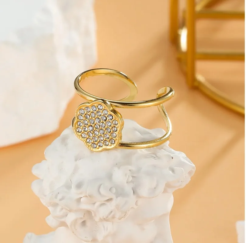 Bague ajustable femme acier inoxydable doré fleur et zircons - Photo 3