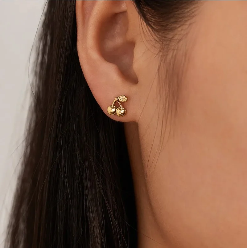 Boucles d'oreilles enfant femme puce acier inoxydable doré Cerises - Photo 4