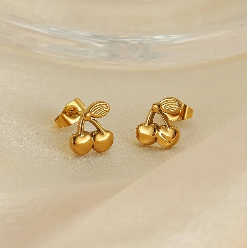 Boucles d'oreilles enfant femme puce acier inoxydable doré Cerises - Photo 3