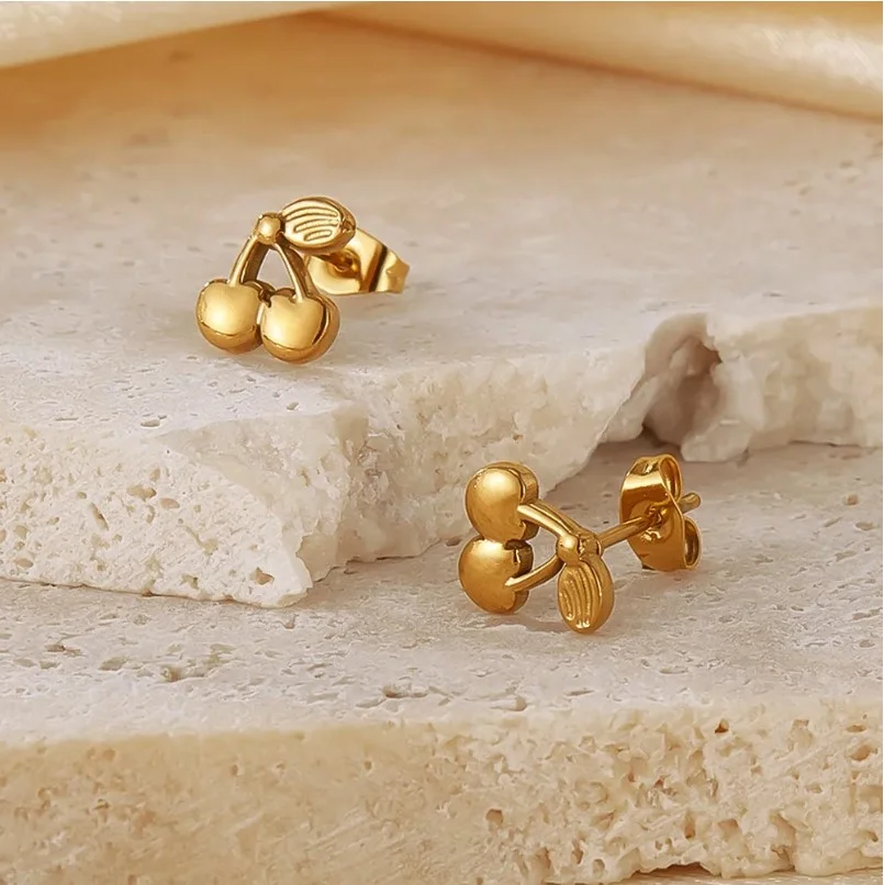 Boucles d'oreilles enfant femme puce acier inoxydable doré Cerises - Photo 2