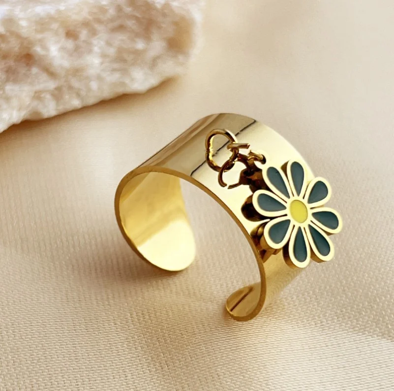 Bague ajustable femme acier inoxydable doré émail ver FLEUR