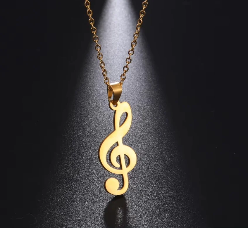 Collier pendentif femme acier inoxydable doré CLEF DE SOL - Photo 1