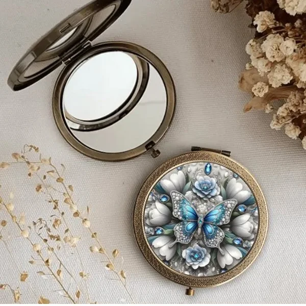 Miroir pliant compact de sac rond bronze double face Papillon bleu et fleur 03043 - Photo 3