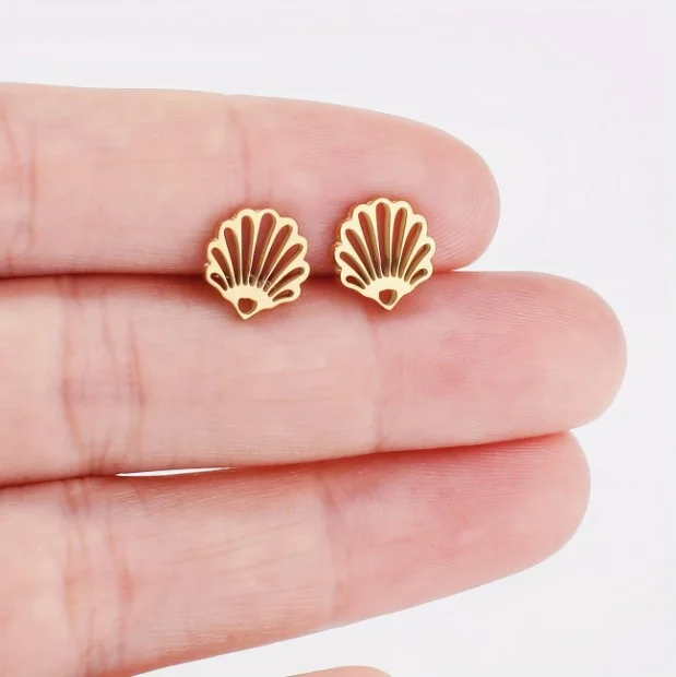 Boucles d'oreilles enfant femme puce acier inoxydable doré COQUILLAGE 69481 - Photo 2