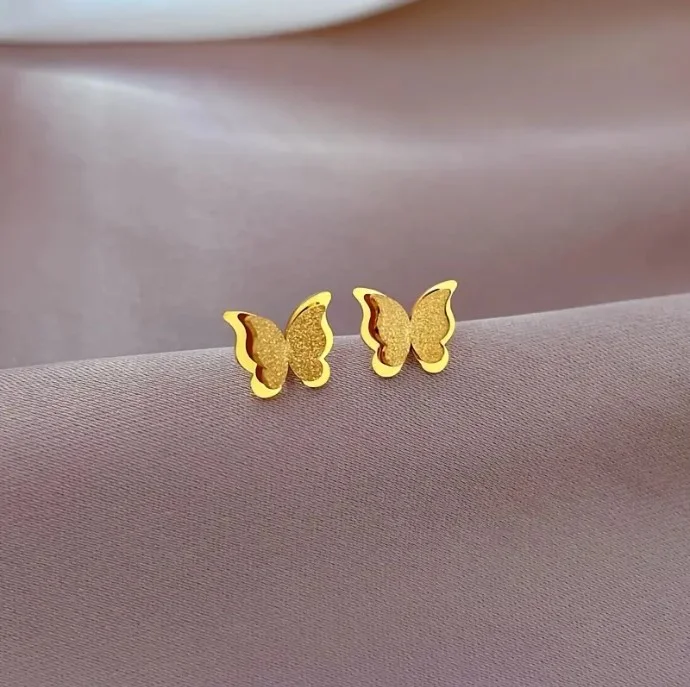 Boucles d'oreille clou femme enfant acier inoxydable doré papillon 635 F - Photo 2