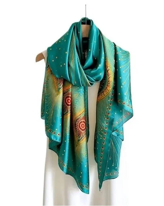 Foulard long femme 180 x 90 cm Polyester effet soie PAON VERT 89908