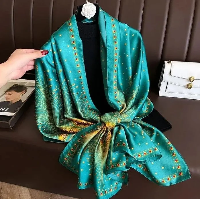 Foulard long femme 180 x 90 cm Polyester effet soie PAON VERT 89908 - Photo 2