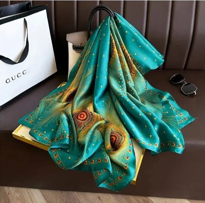 Foulard long femme 180 x 90 cm Polyester effet soie PAON VERT 89908 - Photo 3
